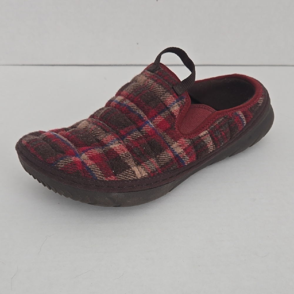 MERRELL Red and Brown Plaid Slip-On Loafers